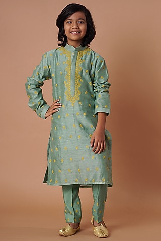 Moss Green Chanderi Embroidered Kurta Set For Boys by Lil Gems by RAR Studio