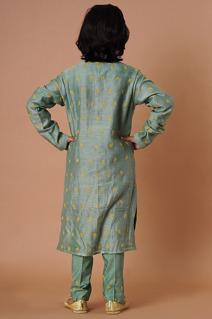Moss Green Chanderi Embroidered Kurta Set For Boys by Lil Gems by RAR Studio at Pernia's Pop Up Shop