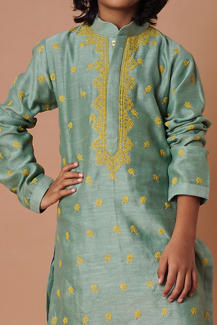 Moss Green Chanderi Embroidered Kurta Set For Boys by Lil Gems by RAR Studio at Pernia's Pop Up Shop