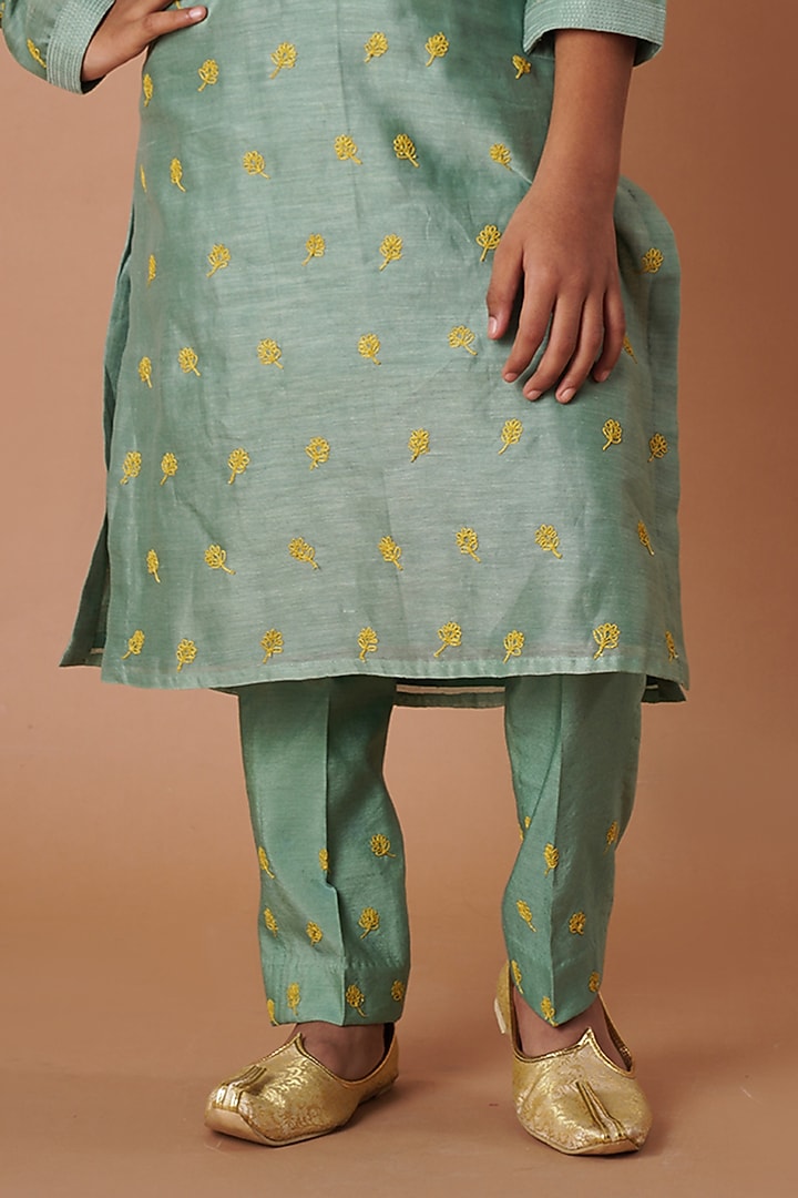 Moss Green Chanderi Embroidered Kurta Set For Boys by Lil Gems by RAR Studio at Pernia's Pop Up Shop