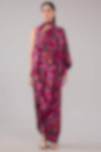 Grey Crepe Digital Printed One-Shoulder Kaftan Dress by RAASA