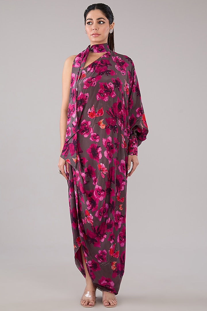 Grey Crepe Digital Printed One-Shoulder Kaftan Dress by RAASA