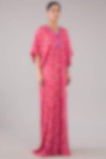 Pink Crepe Floral Printed Kaftan Dress by RAASA