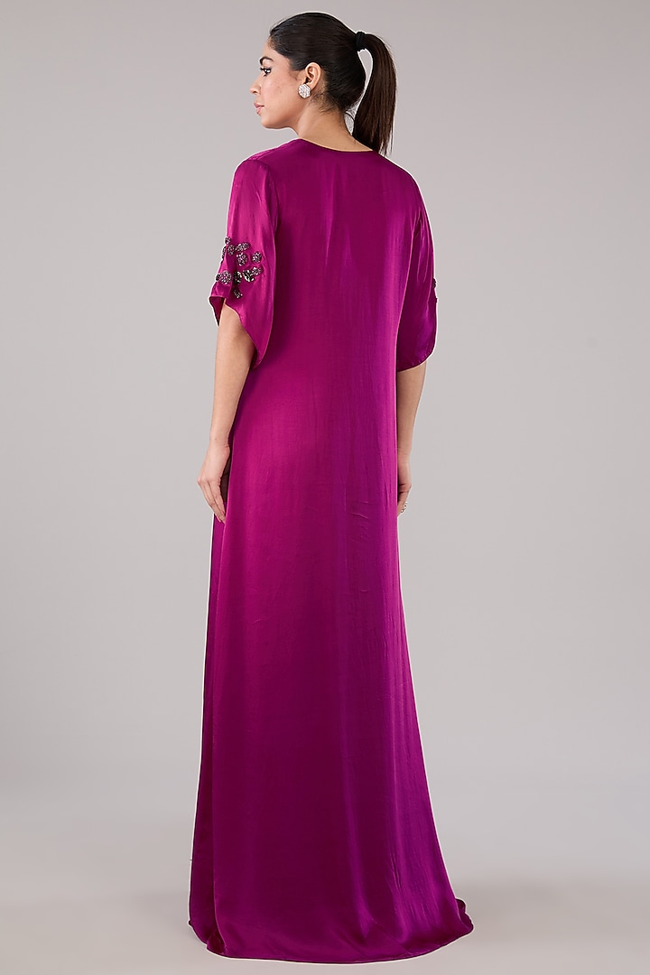 Wine Bemberg Satin Sequins Embroidered Kaftan Summer Dress by RAASA at Pernia's Pop Up Shop