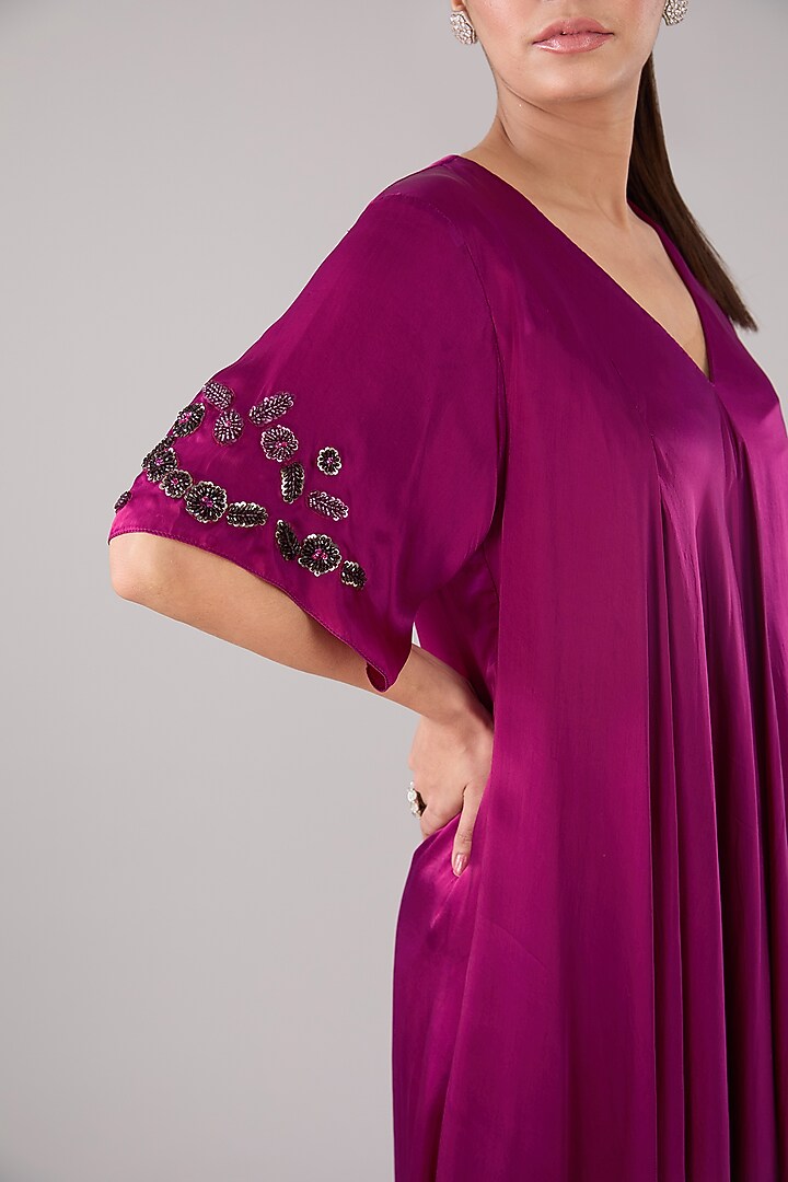 Wine Bemberg Satin Sequins Embroidered Kaftan Summer Dress by RAASA at Pernia's Pop Up Shop
