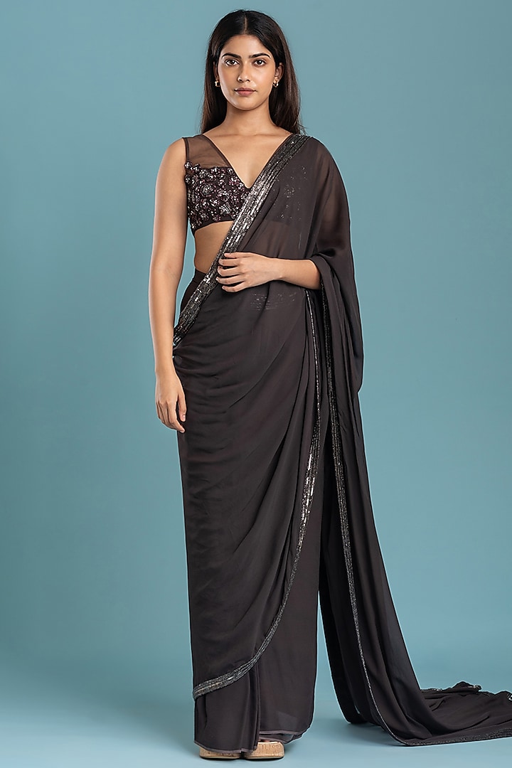 Mouse Grey Georgette & Crepe Pre-Draped Saree Set by RAASA at Pernia's Pop Up Shop