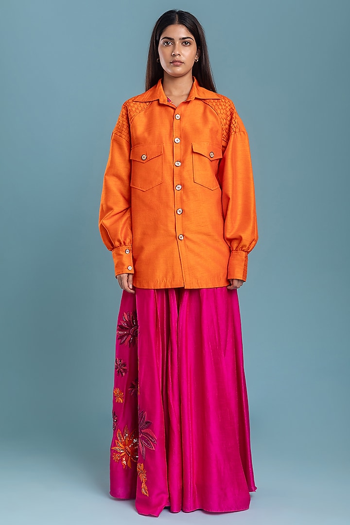 Orange & Pink Silk Organza Co-Ord Set by RAASA