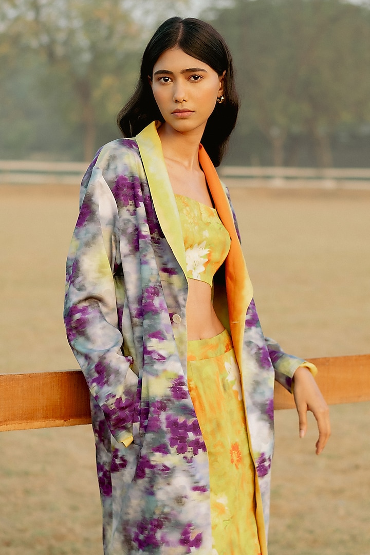 Yellow & Purple Modal Digital Printed Trench Coat by RAASA at Pernia's Pop Up Shop