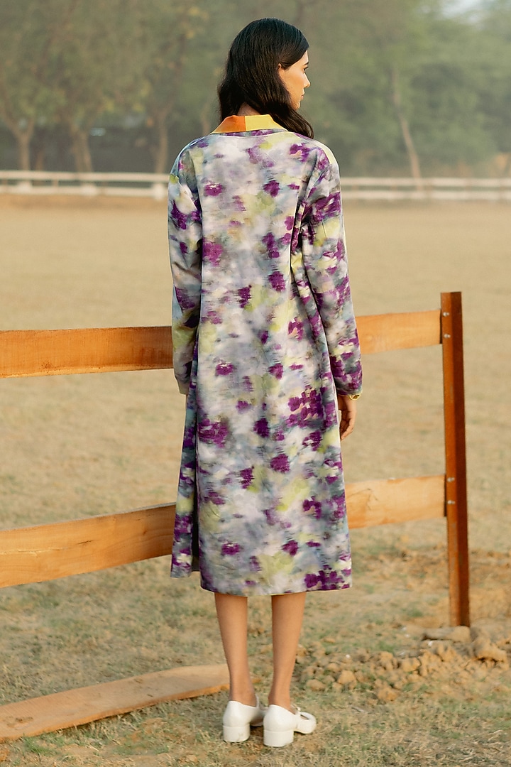 Yellow & Purple Modal Digital Printed Trench Coat by RAASA at Pernia's Pop Up Shop