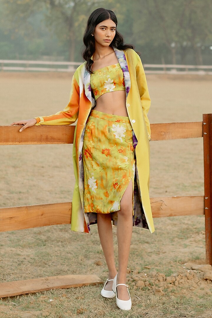 Yellow & Purple Modal Digital Printed Trench Coat by RAASA at Pernia's Pop Up Shop