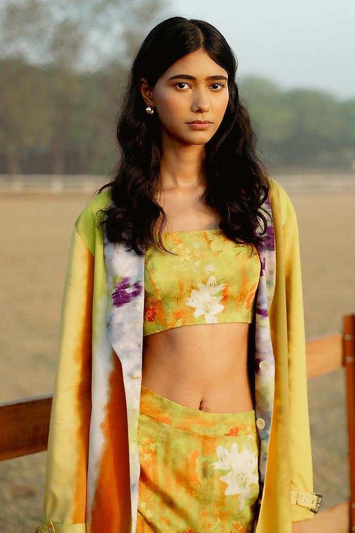 Yellow & Purple Modal Digital Printed Trench Coat by RAASA at Pernia's Pop Up Shop