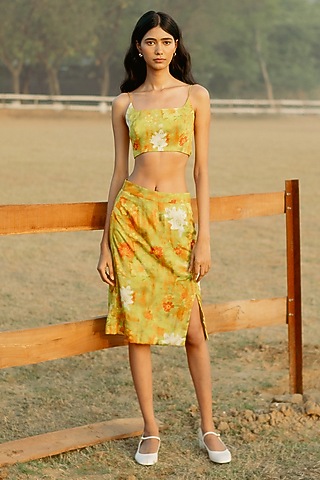 Yellow Modal Digital Printed A-Line Skirt by RAASA