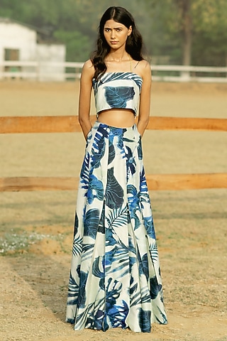 Blue & Shell Digital Printed Box-Pleated Skirt by RAASA