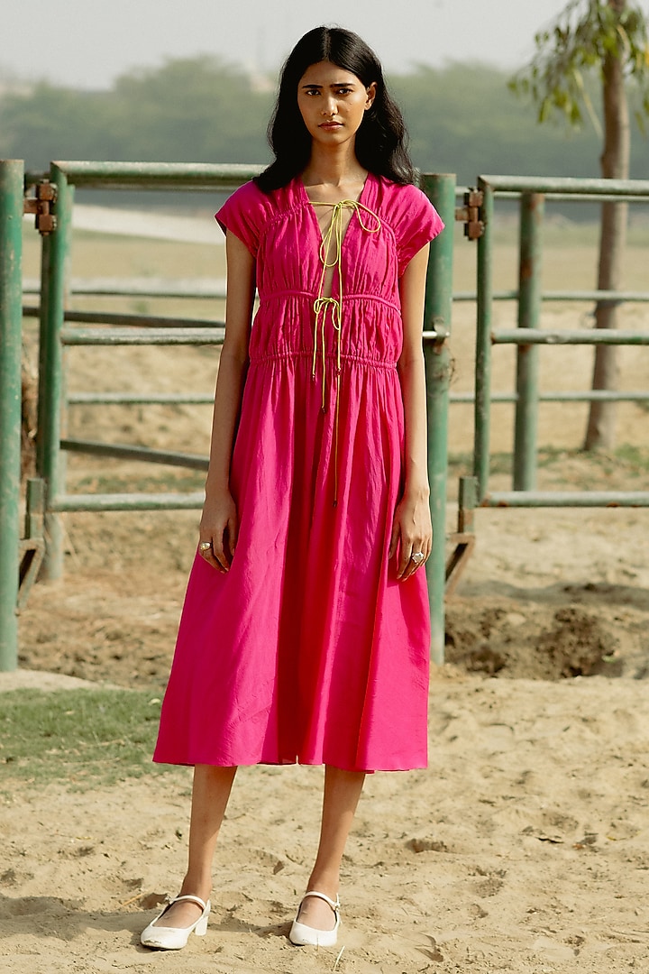 Hot Pink Cotton Muslin Tie-Up Midi Dress by RAASA at Pernia's Pop Up Shop