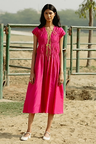 Hot Pink Cotton Muslin Tie-Up Midi Dress by RAASA