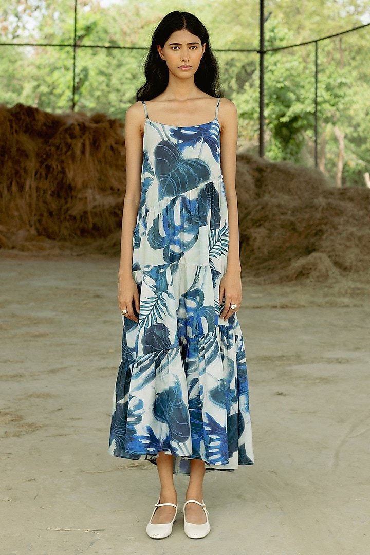 Blue & Shell Cotton Muslin Digital Printed Tiered Maxi Dress by RAASA at Pernia's Pop Up Shop