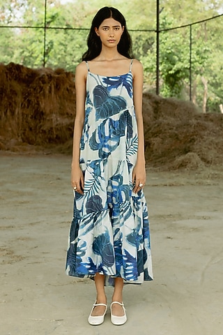 Blue & Shell Cotton Muslin Digital Printed Tiered Maxi Dress by RAASA