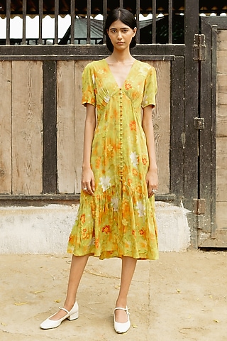 Yellow Modal Digital Printed Midi Dress by RAASA