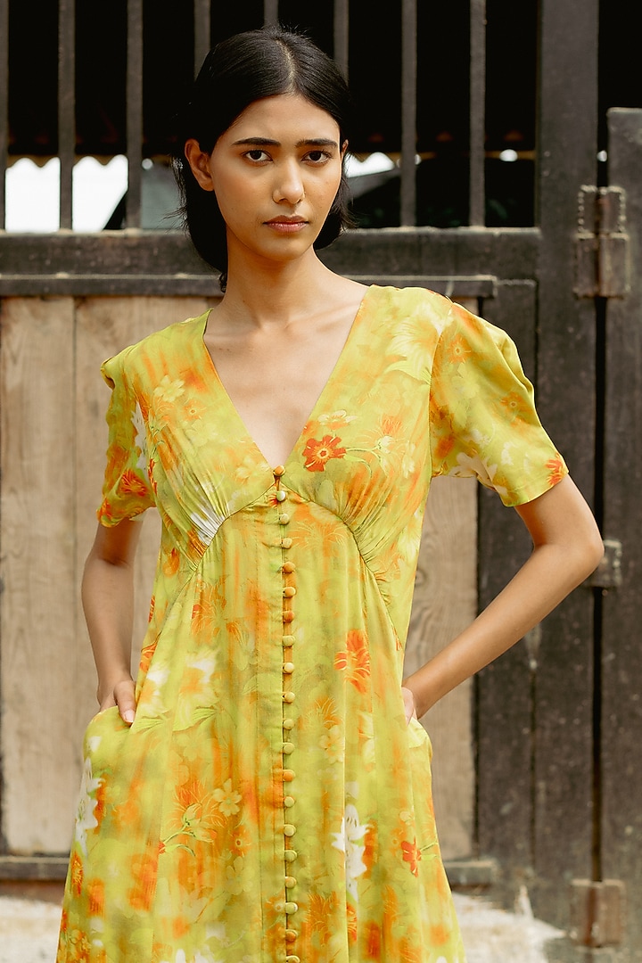 Yellow Modal Digital Printed Midi Summer Dress by RAASA at Pernia's Pop Up Shop