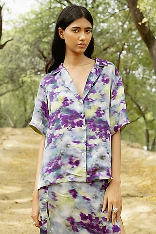 Purple Modal Satin Digital Printed Shirt by RAASA