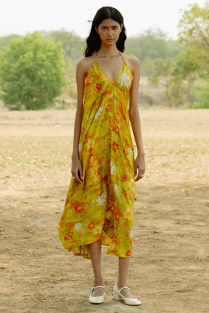 Yellow Modal Digital Printed Halter Maxi Dress by RAASA at Pernia's Pop Up Shop