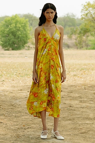Yellow Modal Digital Printed Halter Maxi Dress by RAASA