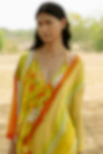 Yellow Wrinkle Chiffon Silk Digital Printed Dropped Shoulder Overlay by RAASA at Pernia's Pop Up Shop