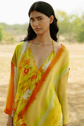 Yellow Wrinkle Chiffon Silk Digital Printed Dropped Shoulder Overlay by RAASA