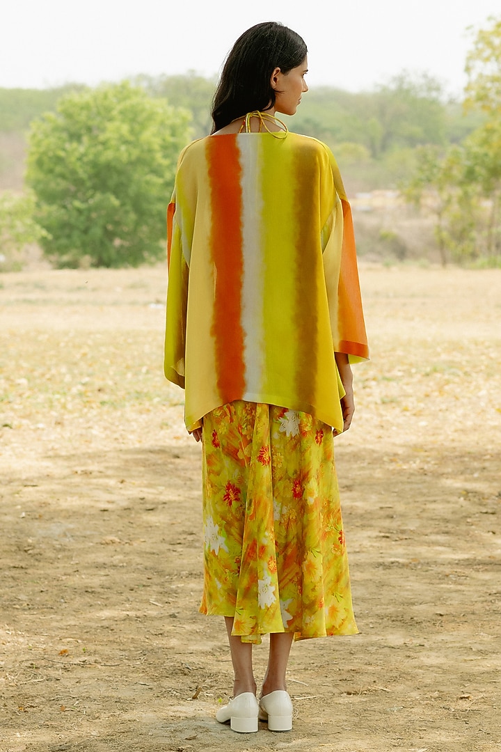 Yellow Wrinkle Chiffon Silk Digital Printed Dropped Shoulder Overlay by RAASA at Pernia's Pop Up Shop