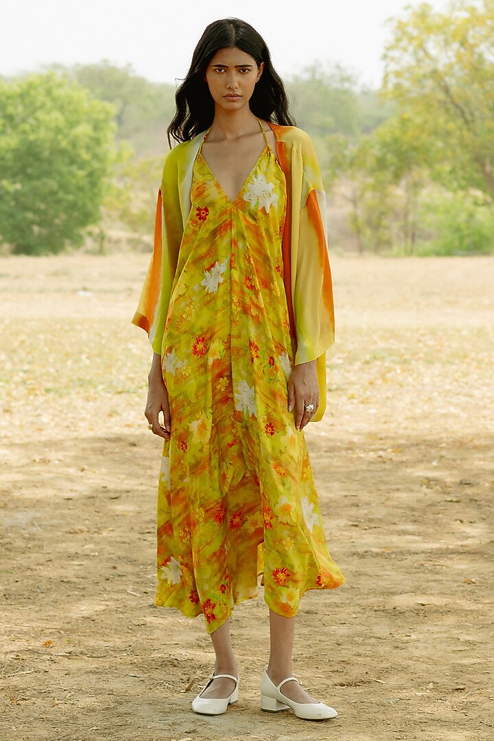 Yellow Wrinkle Chiffon Silk Digital Printed Dropped Shoulder Overlay by RAASA at Pernia's Pop Up Shop
