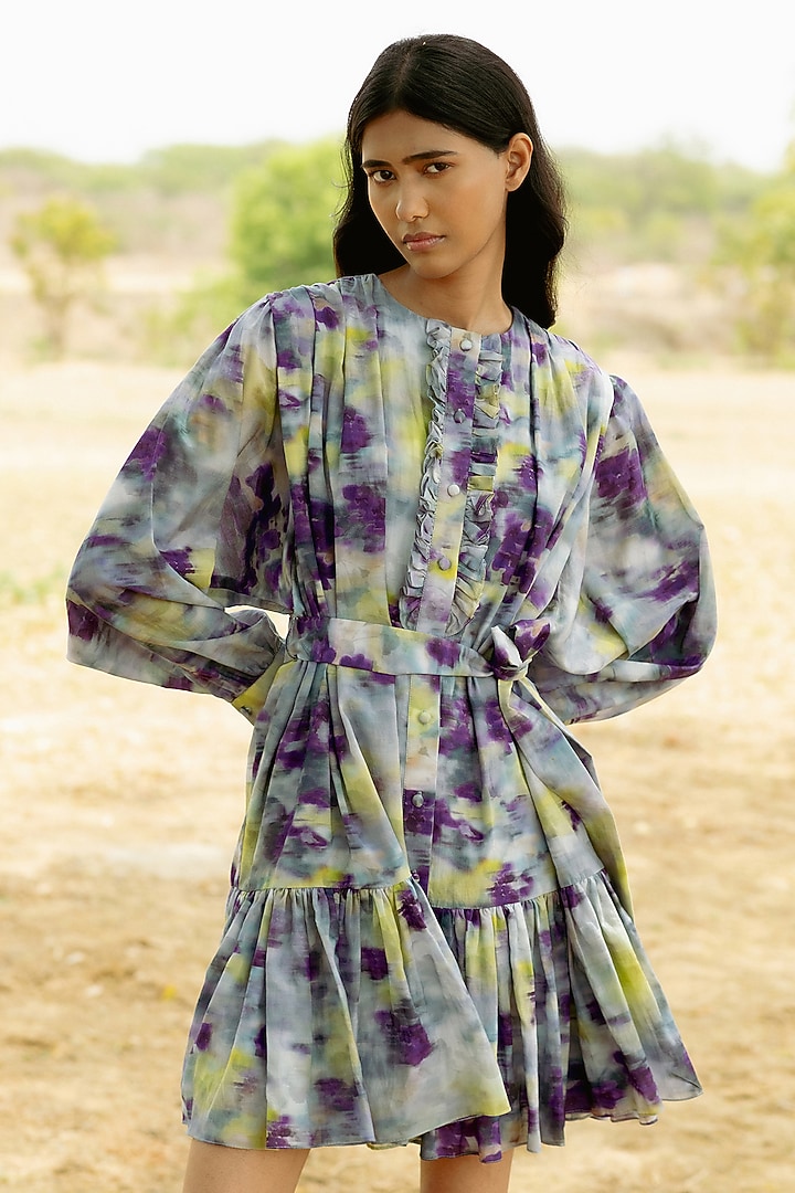 Purple Modal Digital Printed Mini Summer Dress by RAASA at Pernia's Pop Up Shop