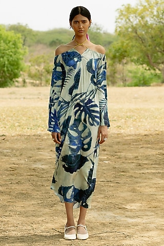 Blue & Shell Satin Digital Printed Maxi Dress by RAASA