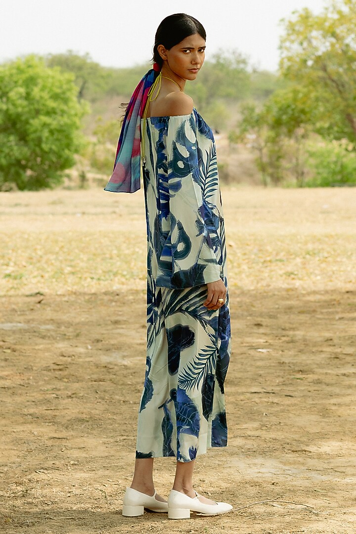 Blue & Shell Satin Digital Printed Maxi Summer Dress by RAASA at Pernia's Pop Up Shop