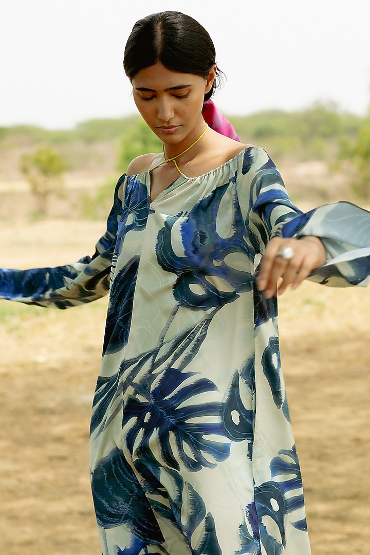 Blue & Shell Satin Digital Printed Maxi Summer Dress by RAASA at Pernia's Pop Up Shop