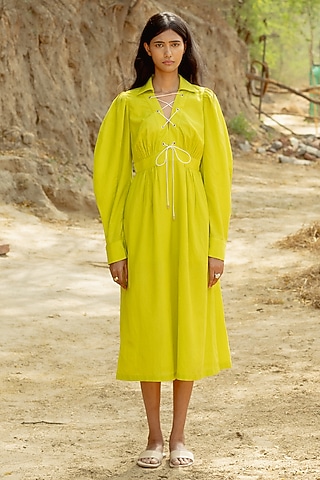 Cyber Lime Cotton Muslin Midi Dress by RAASA