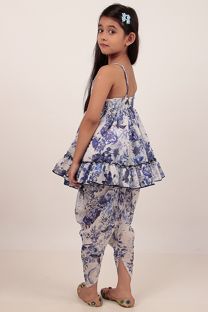 Blue Chanderi Printed Kurta Set For Girls by Rasasvada Kids at Pernia's Pop Up Shop
