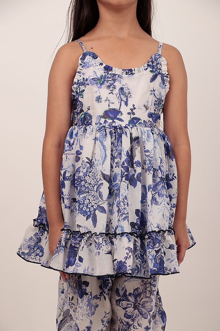 Blue Chanderi Printed Kurta Set For Girls by Rasasvada Kids at Pernia's Pop Up Shop