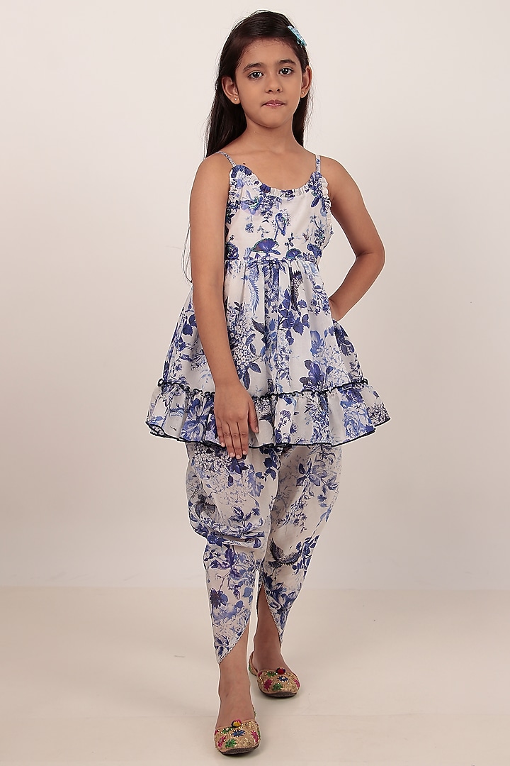 Blue Chanderi Printed Kurta Set For Girls by Rasasvada Kids at Pernia's Pop Up Shop