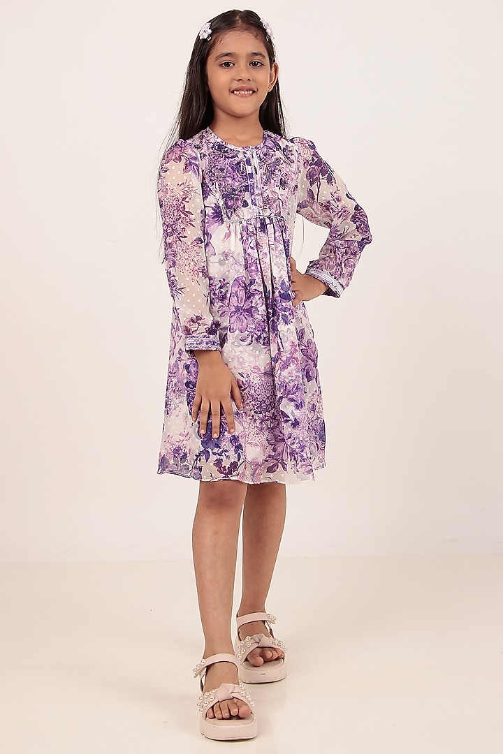 Purple Chiffon Printed Knee-Length Dress For Girls by Rasasvada Kids at Pernia's Pop Up Shop