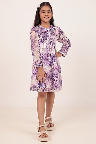 Purple Chiffon Printed Knee-Length Dress For Girls by Rasasvada Kids