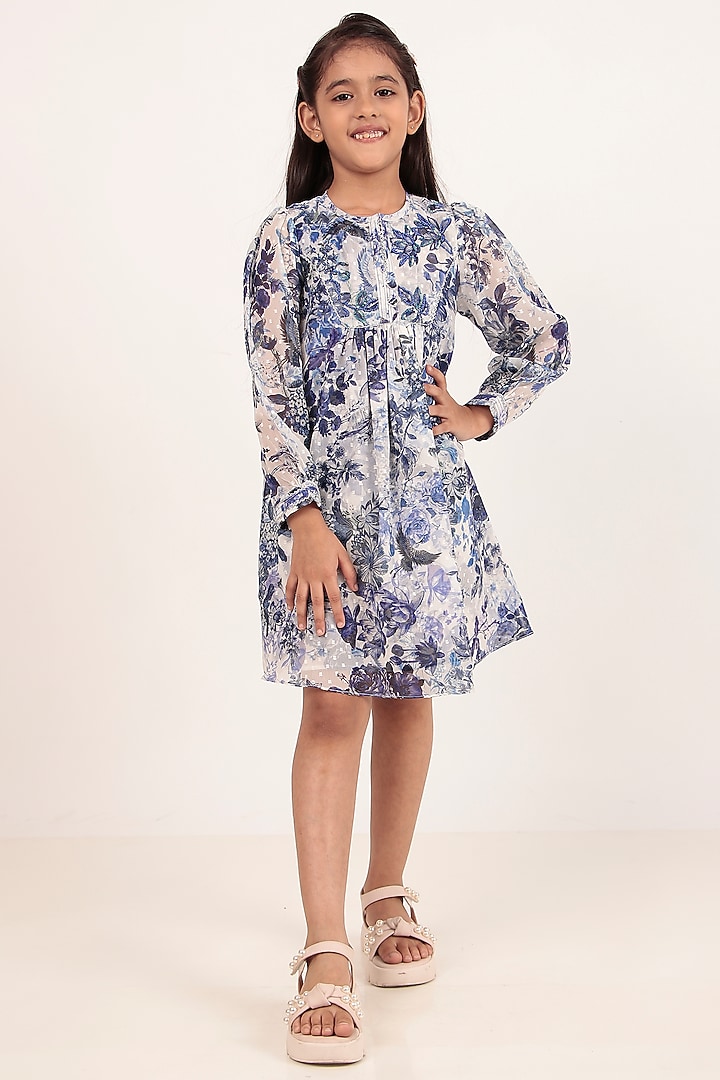 Blue Chiffon Printed Knee-Length Dress For Girls by Rasasvada Kids at Pernia's Pop Up Shop
