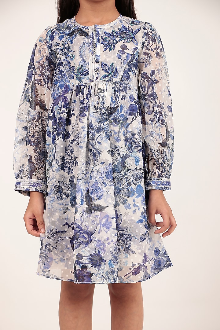Blue Chiffon Printed Knee-Length Dress For Girls by Rasasvada Kids at Pernia's Pop Up Shop