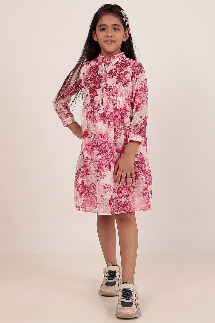 Pink Chiffon Printed Knee-Length Dress For Girls by Rasasvada Kids at Pernia's Pop Up Shop