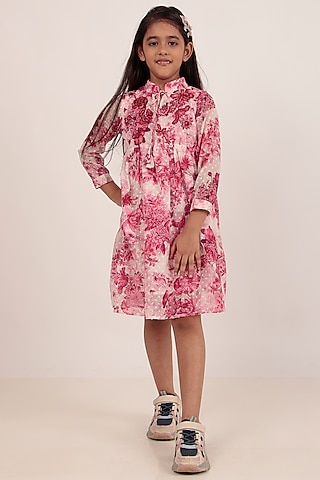 Pink Chiffon Printed Knee-Length Dress For Girls by Rasasvada Kids