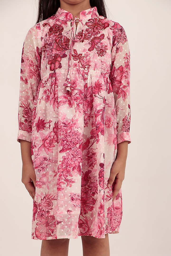 Pink Chiffon Printed Knee-Length Dress For Girls by Rasasvada Kids at Pernia's Pop Up Shop