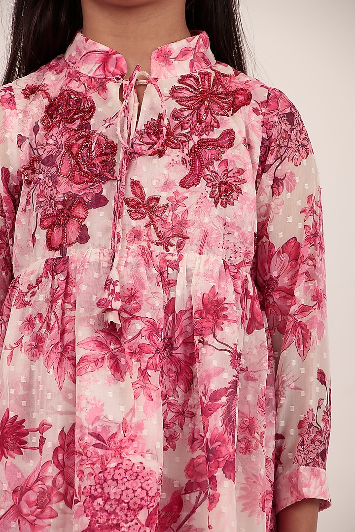 Pink Chiffon Printed Knee-Length Dress For Girls by Rasasvada Kids at Pernia's Pop Up Shop
