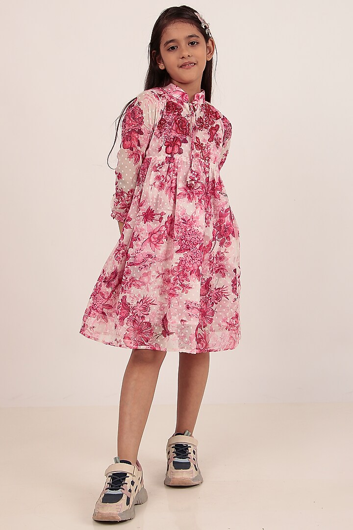 Pink Chiffon Printed Knee-Length Dress For Girls by Rasasvada Kids at Pernia's Pop Up Shop