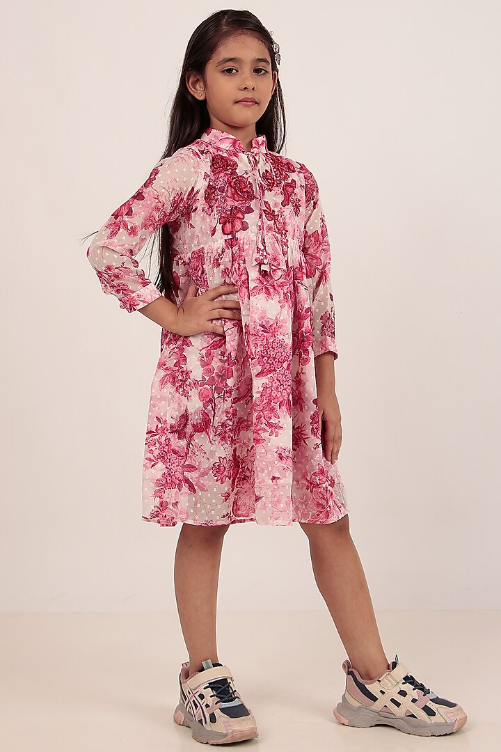 Pink Chiffon Printed Knee-Length Dress For Girls by Rasasvada Kids at Pernia's Pop Up Shop