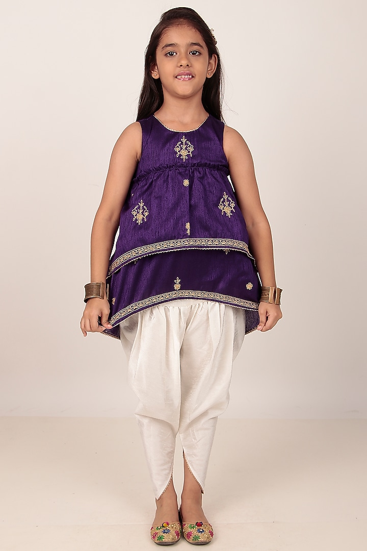 Purple Dupion Silk Hand-Embellished Kurta Set For Girls by Rasasvada Kids at Pernia's Pop Up Shop