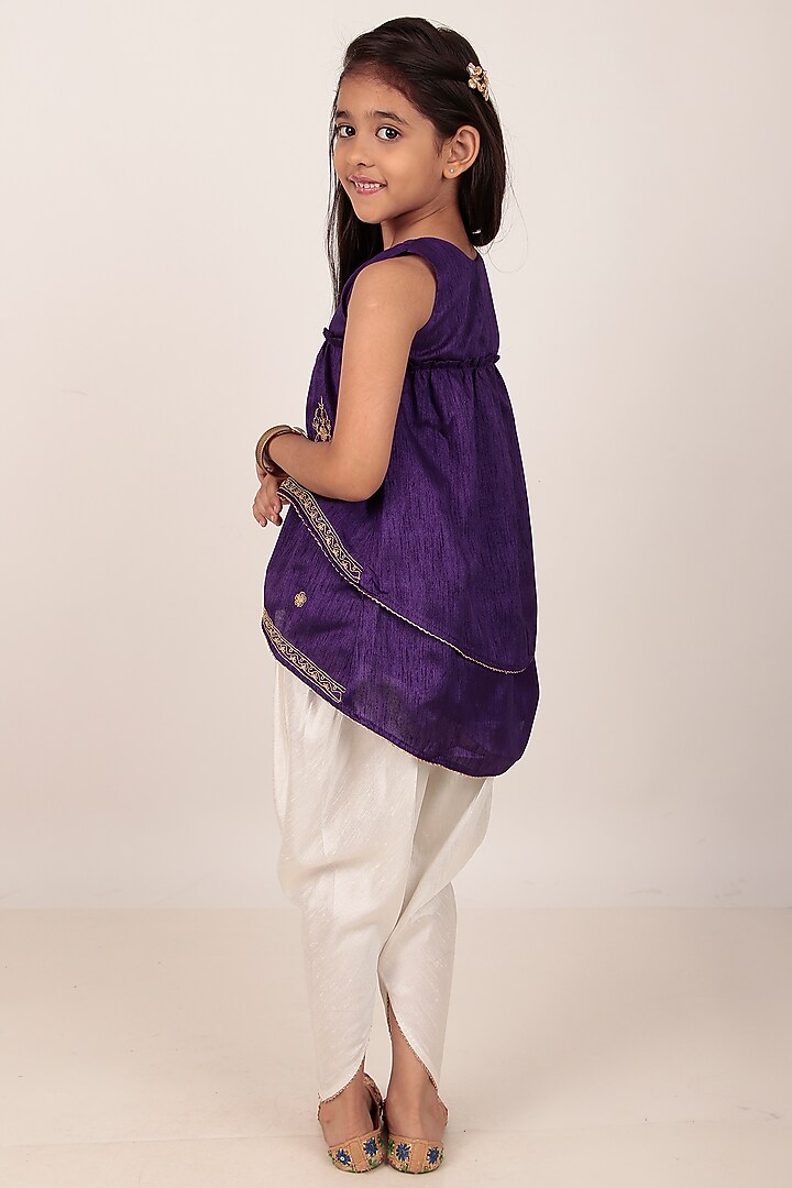 Purple Dupion Silk Hand-Embellished Kurta Set For Girls by Rasasvada Kids at Pernia's Pop Up Shop